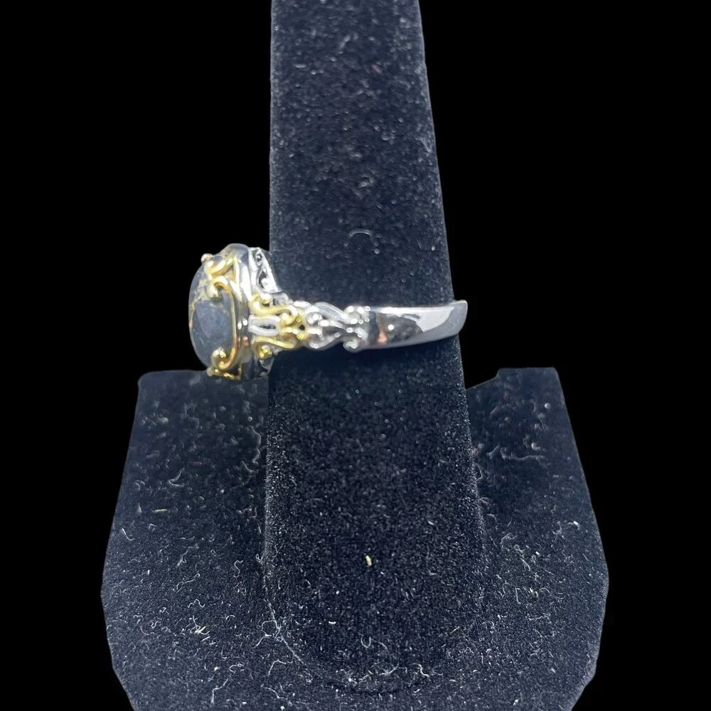 STS Karis Silver Tone Gold Accents Black Gold Veined Stone‎ Cocktail Ring NWT - Picture 4 of 8